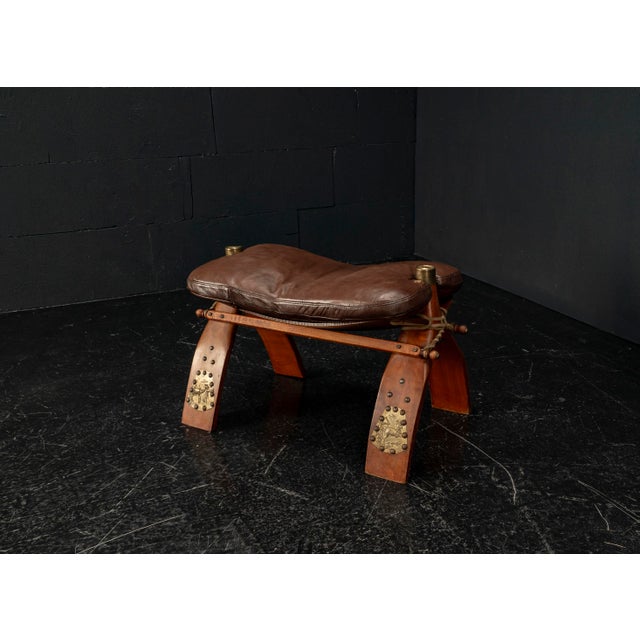 Brutalist Moroccan Camel Saddle Stool in Stained Wood with Brass and Leather, 1980s For Sale - Image 3 of 18