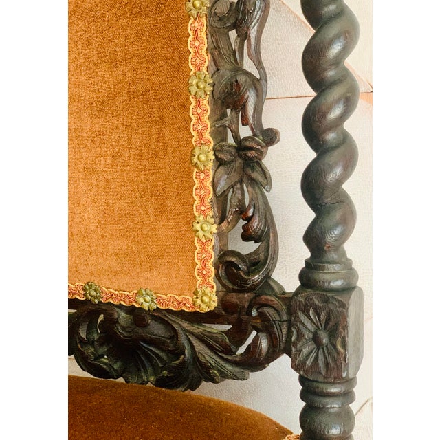 Late 19th Century Antique Ornately Carved Wood & Upholstery Jacobean Renaissance Revival Carved Parlor Throne Chairs- A Pair For Sale - Image 10 of 12