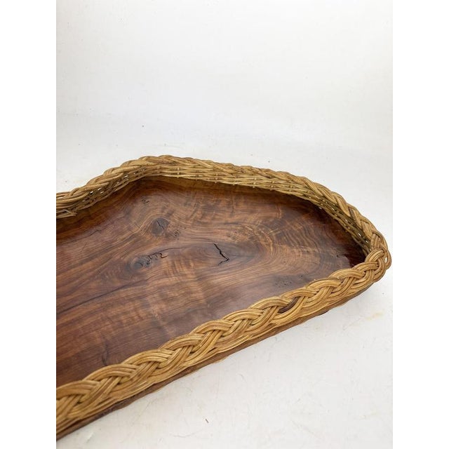 Vintage French Tray in Olive Wood and Rush, 1960 For Sale - Image 4 of 16