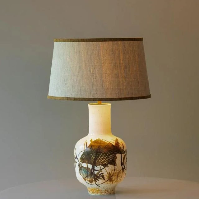 Beige Ceramic Floor Lamp with Fish Motif and Silk Lampshade attributed to R. Houben, 1970s For Sale - Image 8 of 12