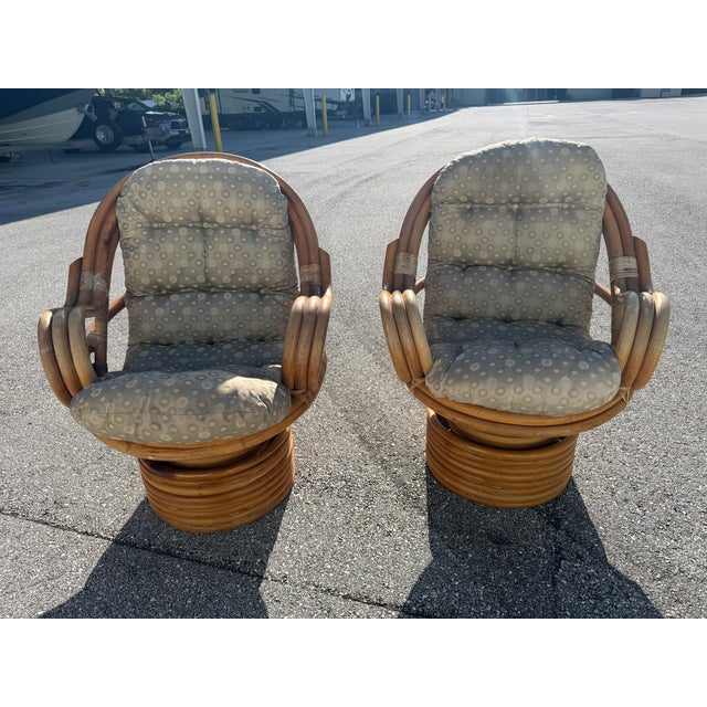 1980s Vintage Rattan Swivel Rocker Lounge Chairs and One Ottoman Set For Sale - Image 5 of 18