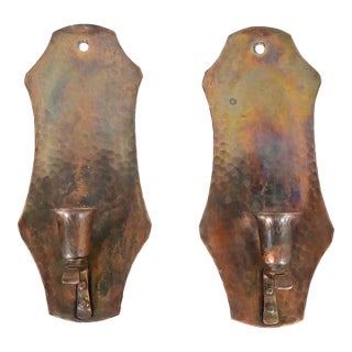 Arthur Cole for Avon Coppersmith Arts & Crafts Hammered Copper Candle Wall Sconces, Pair For Sale