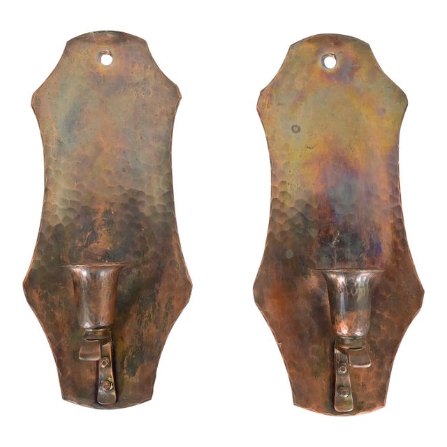 Arthur Cole for Avon Coppersmith Arts & Crafts Hammered Copper Candle Wall Sconces, Pair For Sale
