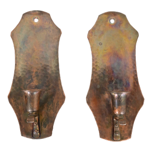 Arthur Cole for Avon Coppersmith Arts & Crafts Hammered Copper Candle Wall Sconces, Pair