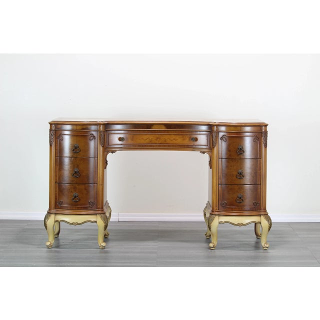 Vintage Hollywood Regency walnut burlwood writing desk This desk is solid built with dovetail joints and brass hardware...