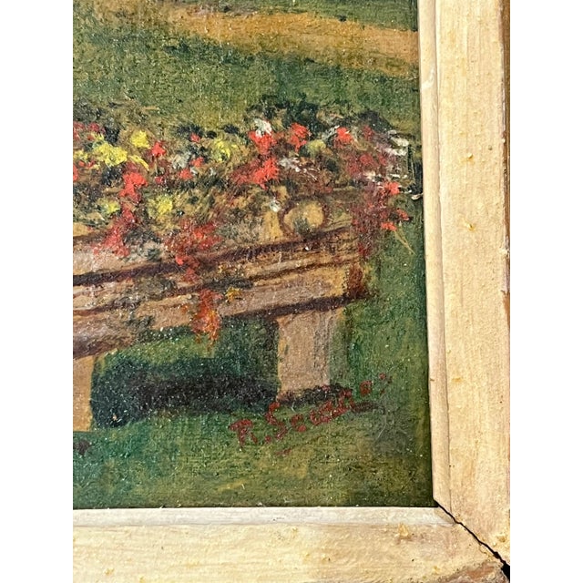 Antique French Château Garden Oil Painting in Handcrafted Folk Art Frame For Sale - Image 13 of 16