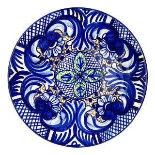 Large Spanish Handpainted Blue Ceramic Plate, 1950s For Sale