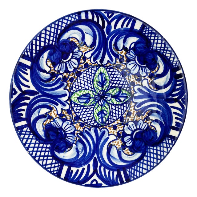 Large Spanish Handpainted Blue Ceramic Plate, 1950s For Sale