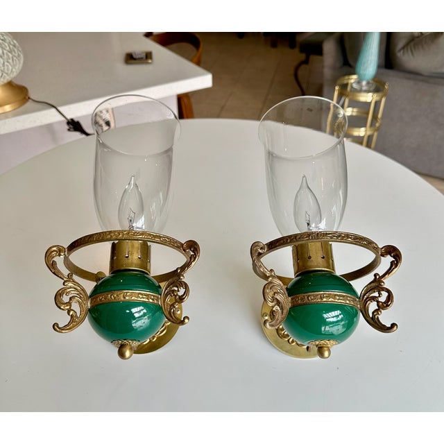 Italian Pair Italian Green & Brass Faux Oil Lamp Wall Sconces For Sale - Image 3 of 18
