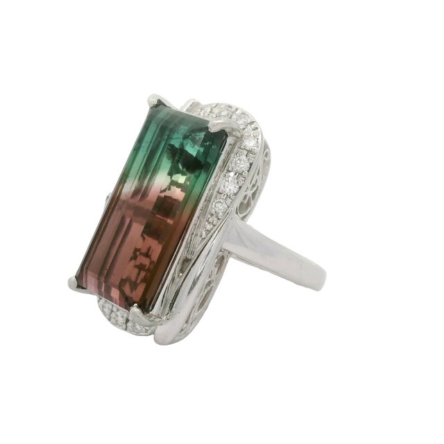 13.48 Carat Watermelon Tourmaline Diamond Platinum, Size 6.75 For Sale - Image 4 of 9
