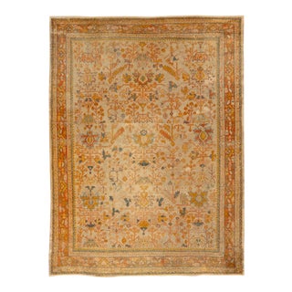 Antique Turkish Oushak Handmade Orange Floral Motif Wool Rug For Sale