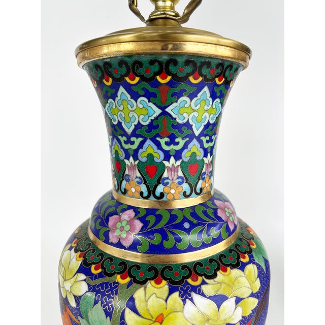 Blue Late 20th Century Chinese Cloisonné Table Lamps Birds Flowers, New String Shades, Pair For Sale - Image 8 of 15