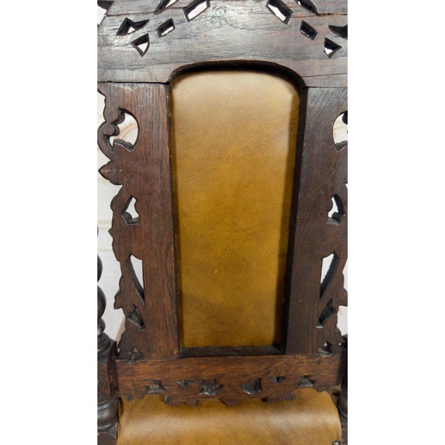 Set of 6 Antique Jacobean Hunt Chairs in Heavily Carved Oak With Cognac Leather For Sale - Image 13 of 18