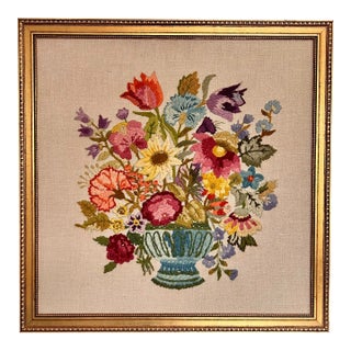 Vintage 70s Framed Crewel Embroidery Colorful Floral Bouquet For Sale