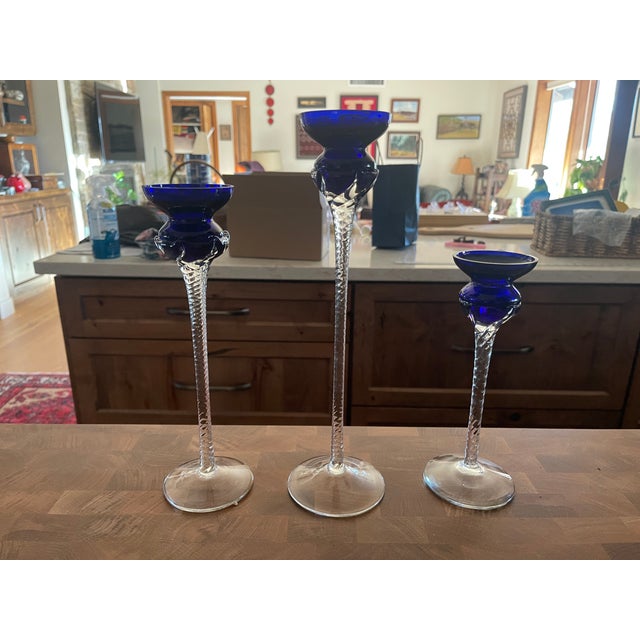 Glass Romanian Cobalt Blue Glass Candleholders: Handcrafted Crystal Set For Sale - Image 7 of 9