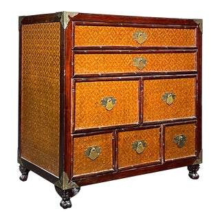 1970s Carved Rosewood Chest With Faux Bamboo Motif and Caned Panels in Campaign Style For Sale