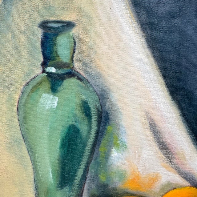 Mid-Century Modern Vintage Oil Painting Still Life of Oranges & Green Glass Bottle Framed - Unsigned For Sale - Image 3 of 11