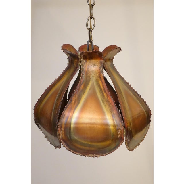 Tom Greene 1960's Brutalist Torch Cut Copper Swag Flower Sculpture Hanging Lamp, Tom Greene Style For Sale - Image 4 of 5