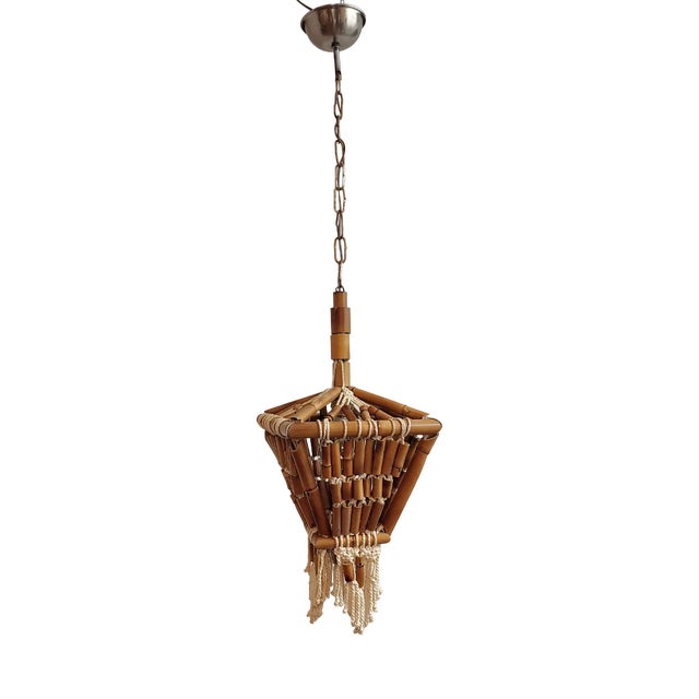 Bamboo and Macramé Ceiling Lamp, Spain, 1980s For Sale