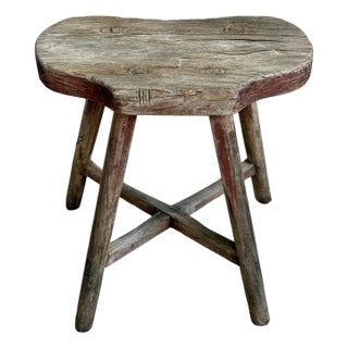 Vintage Elm Wood Rustic Asian Village Stool For Sale