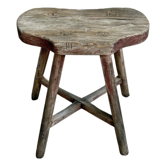 Vintage Elm Wood Rustic Asian Village Stool For Sale