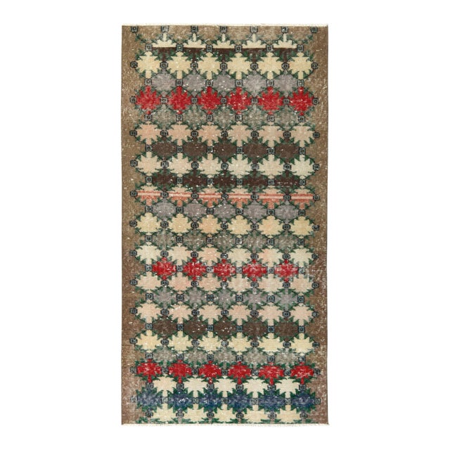 Hand-Knotted Vintage Mid Century Kilim Runner in Green,Blue,Brown,Red Geometric Pattern For Sale