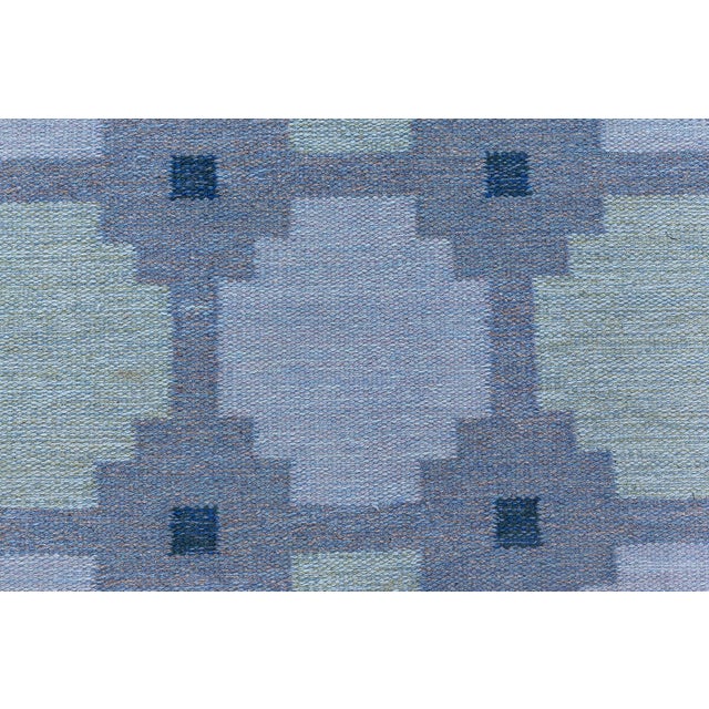 Doris Leslie Blau Swedish Geometric Blue Flat Woven Rug Size: 5'10" × 8'8" (177 × 264 cm) This 1950s vintage Swedish flat-...