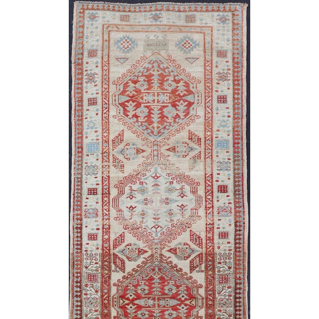 Tribal Antique Hand-Knotted Sarab Runner With Sub-Geometric Design in Red, Blue & Ivory 3'0 X 10'5 For Sale - Image 3 of 13