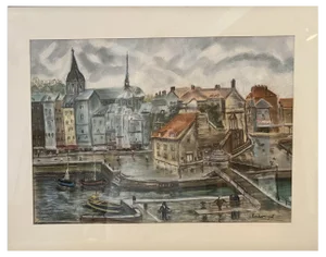 Joel Naudin, Port of Honfleur, 1970s, Pastel Drawing, Framed