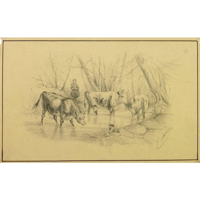 19th C. French "Watering Hole" Drawing For Sale - Image 4 of 4