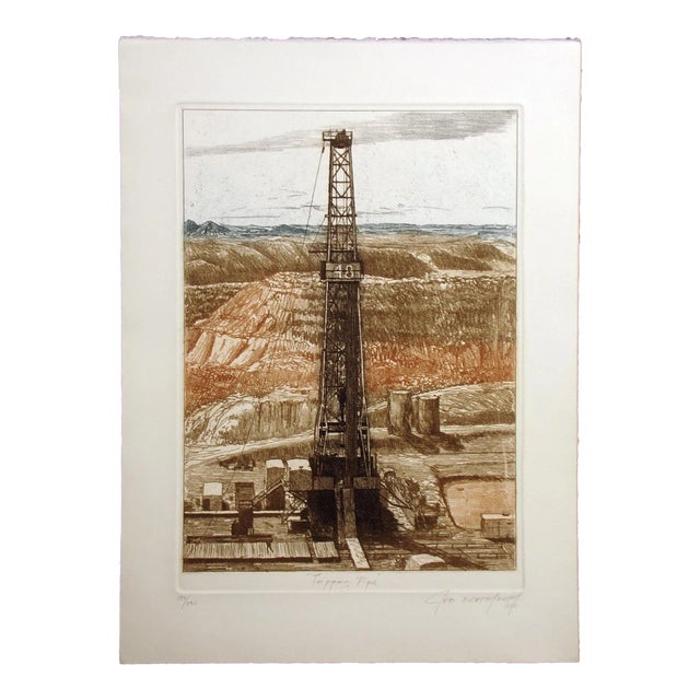 1981 "Tripping Pipe" Hand-Signed Numbered Etching of an Oil Field by Jeb Breithaupt For Sale