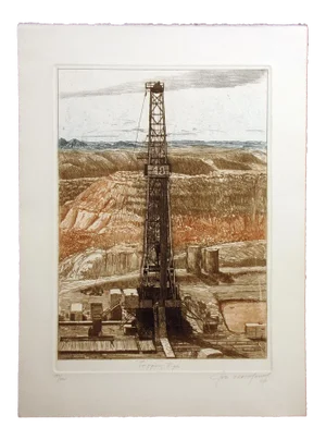 1981 "Tripping Pipe" Hand-Signed Numbered Etching of an Oil Field by Jeb Breithaupt