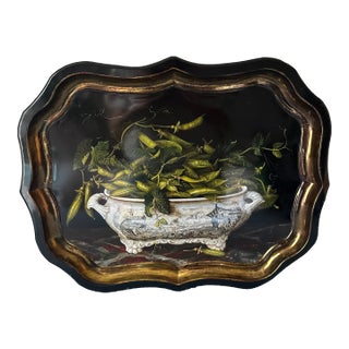 Vintage Keller Charles Tole Tray With Green Peas in Blue and White Chinoiserie Bowl on a Large Black Tin Tray For Sale