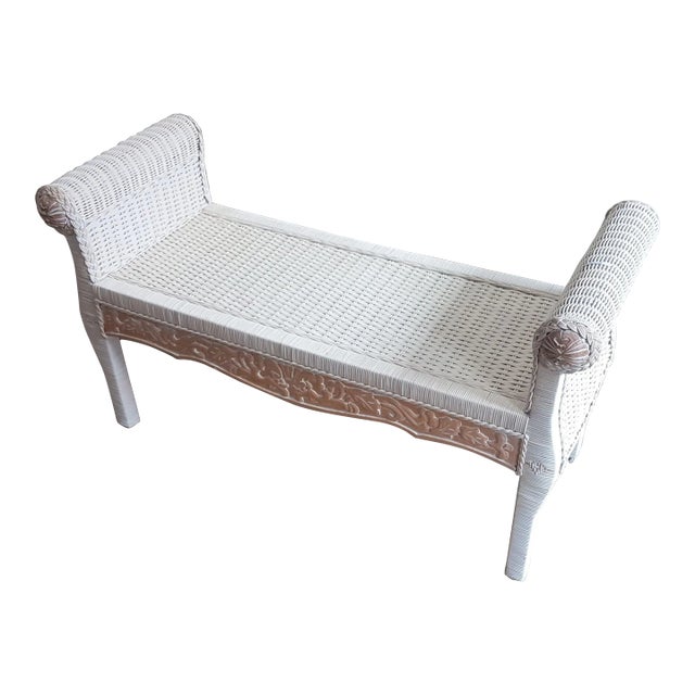Late 20th Century Vintage White Wash Wicker and Carved Wood Bench For Sale