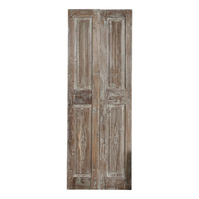 Antique Carved Double Barn Door – Rustic Farmhouse Sliding Doors in Distressed Wood 80x26 For Sale