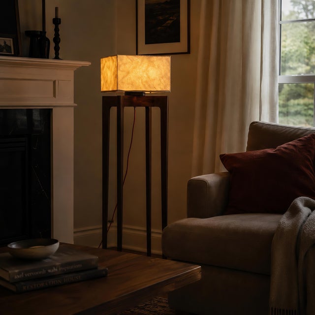 Burgundy Handmade Black Walnut Floor Lamp With Natural Rawhide Shade — Mid-Century Modern Standing Lamp For Sale - Image 8 of 8