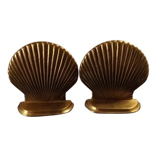 Pair of 1960s Solid Brass Ribbed Shell Bookends Crafted in Taiwan For Sale