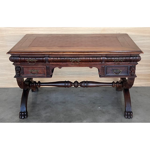 Spanish 19th Century Spanish Walnut Desk With Two Drawers & Strong Legs, 1890s For Sale - Image 3 of 12