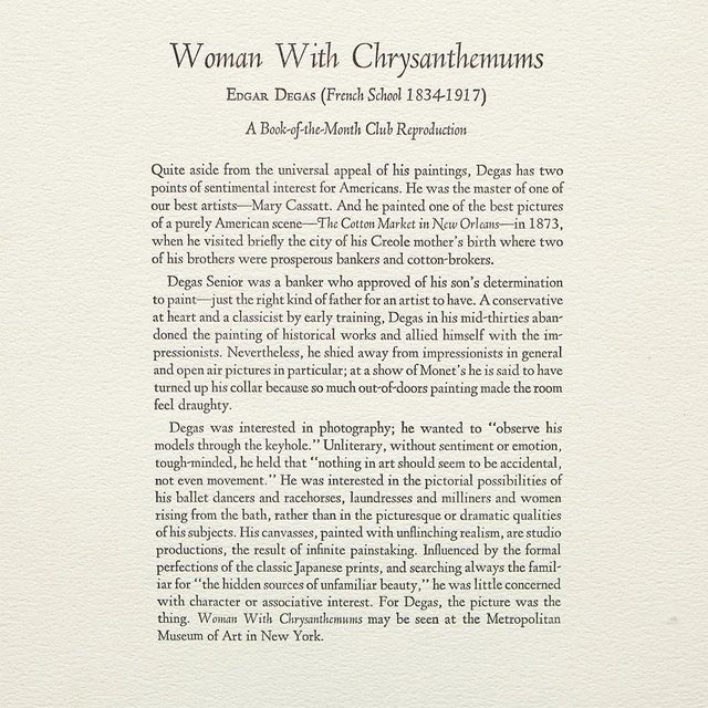 Paper 1950s After Edgar Degas, "Woman With Chrysanthemums" Full-Color Print For Sale - Image 7 of 10