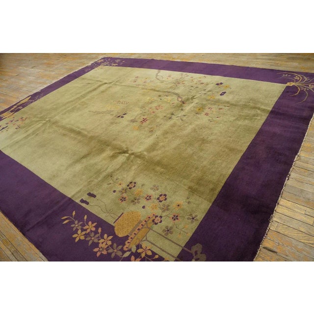 1920s Olive Green Floral Vase Antique Chinese Art Deco Carpet 9' X 12' Knotted Wool Rug For Sale - Image 9 of 11