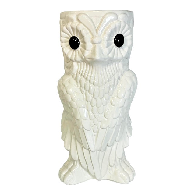 1970s Vintage Boho Chic Arts & Crafts Trompe L’Oeil Owl Ceramic Umbrella Stand. For Sale