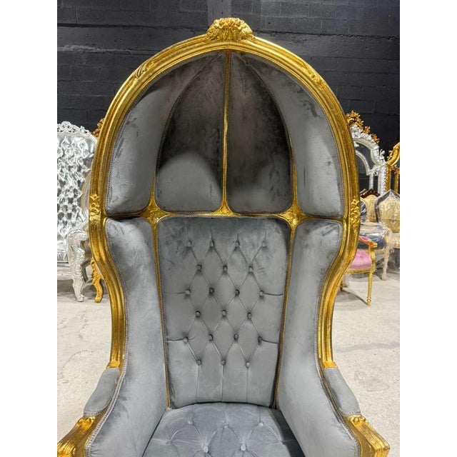 French Balloon Chair – Gray Velvet High-Back Canopy Chair For Sale - Image 10 of 10