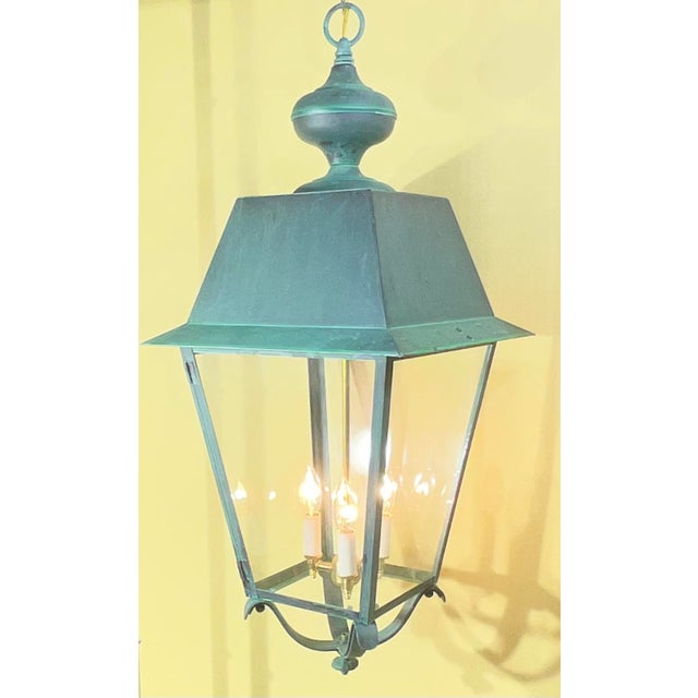 Pair of Solid Verdigris Brass Hanging Lanterns. 14” X 14” X 33” For Sale In Miami - Image 6 of 16