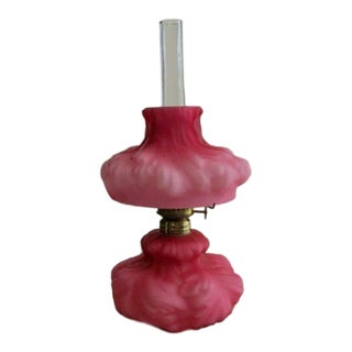 Vintage Fenton Lg Wright Mini Pink Satin Puffy Plume/Rose Oil Lamp Ex Condiction For Sale
