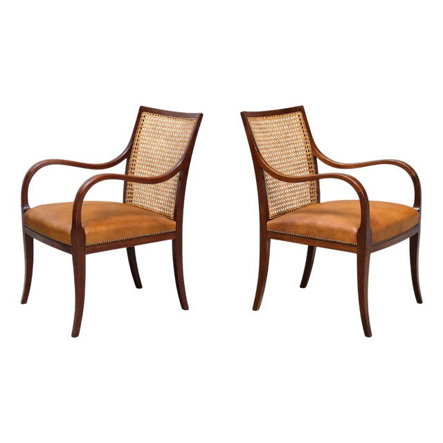 Armchairs in Mahogany, Cane, and Leather from Frits Henningsen, Denmark, 1931 For Sale