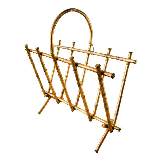 Antique Gilded Gold Chinoiserie Bamboo Style Magazine Rack/Hollywood Regency For Sale