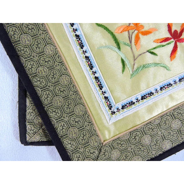 Vintage Embroidered Chinese Orange and Red Floral Silk Table or Lamp Mats - A Pair For Sale - Image 4 of 6