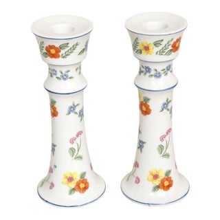 1980’s Floral Porcelain Candlestick Holders, a Pair For Sale