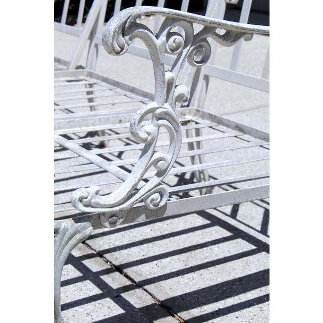 Vintage 1950s Cast Aluminum Patio Set | 5-Piece Outdoor Seating | Rocker Chairs + Bench + Glass Top Table | Hollywood Regency Garden Furniture For Sale - Image 17 of 18