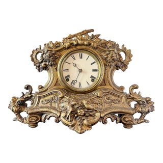 Antique Rococo Revival Gilt Spelter Mantel Clock, Ansonia Movement, Bird Motif, Late 19th C For Sale